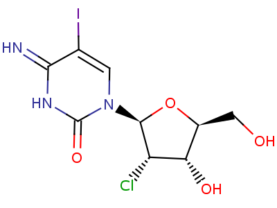 2(1H)-pyrimidinone, 1-(2-chloro-2-deoxy-.beta.-l-ribofuranosyl)-3,4-dihydro-4-imino-5-iodo-Structure,80791-94-2Structure 2(1H)-pyrimidinone, 1-(2-chloro-2-deoxy-.beta.-l-ribofuranosyl)-3,4-dihydro-4-imino-5-iodo- Structure,80791-94-2Structure