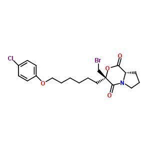 3-溴甲基-3-[6-(4-氯苯氧基l)-己基]-四氫吡咯并[2,1-c]
[1,4]噁嗪-1,4-二酮結(jié)構(gòu)式_467235-26-3結(jié)構(gòu)式