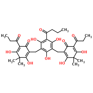 2-[[3-丁?；?5-[(2,4-二羥基-3,3-二甲基-6-氧代-5-丙酰-環(huán)己-1,4-二烯-1-基)甲基]-2,4,6-三羥基-苯基]甲基]-3,5-二羥基-4,4-二甲基-6-丙酰-環(huán)己-2,5-二烯-1-酮結(jié)構(gòu)式_51005-85-7結(jié)構(gòu)式