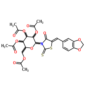 5-(1,3-苯并二氧雜環(huán)戊烯l-5-基亞甲基)-3-(2,3,4,6-四-o-乙?；?b-d-吡喃葡萄糖)-2-硫氧代-4-噻唑啉酮結(jié)構(gòu)式_65562-22-3結(jié)構(gòu)式
